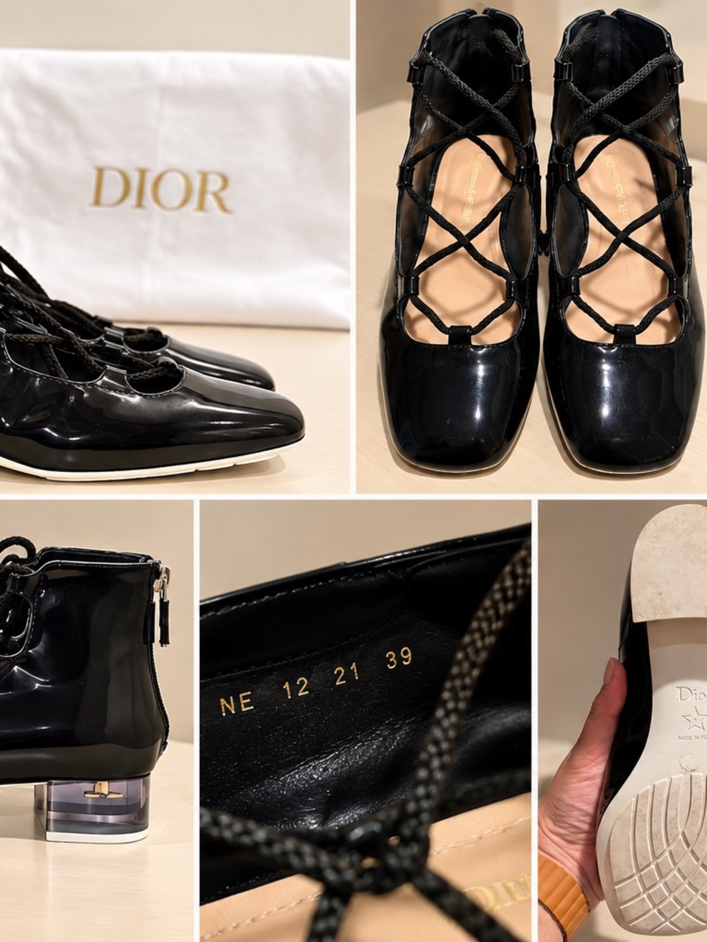 Dior Black Patent Leather Lace-Up Ballet Pumps with Clear Block Heel